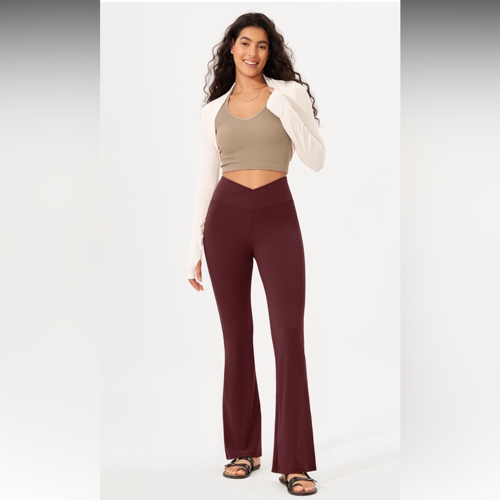 Maroon Crossover waist flared leggings
